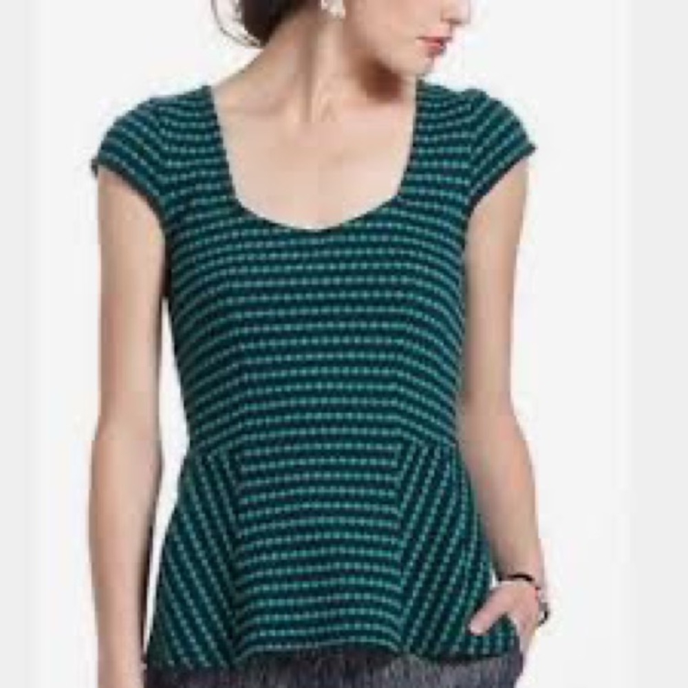 Anthropologie Navy and Green Peplum Top Size Large